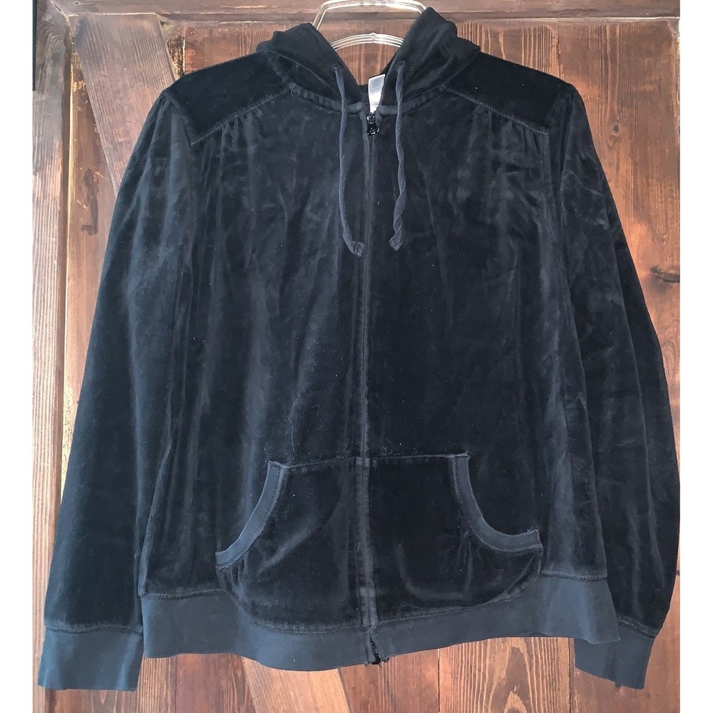 Old Navy‎ Womens Full-Zip Hoodie Drawstring Sweatshirt Sz L Velour Black Pockets